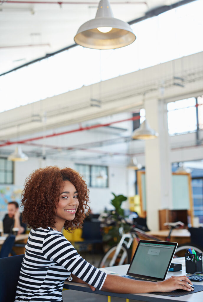 happy woman portrait work pc web design project email office content creation smiling female graphic developer office start up company desk computer working