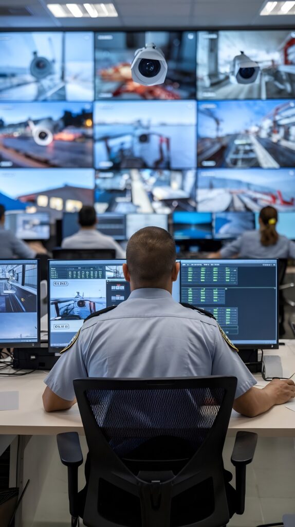 male officer works computer with surveillance cctv video harbour monitoring center with m