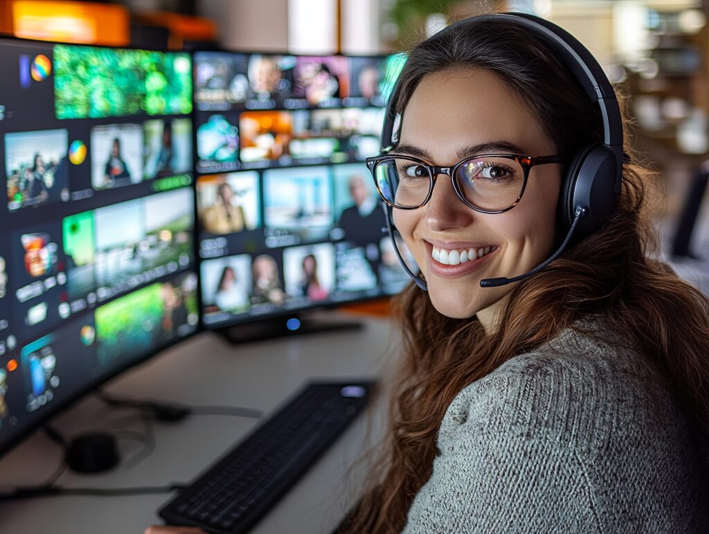 a smiling woman with glasses and headphones looks at the camera, sitting in front of a computer with multiple screens displaying images and videos.